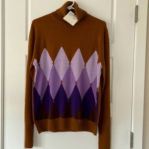 New Ballantyne Cashmere sweater in rust with purple geometric pattern.